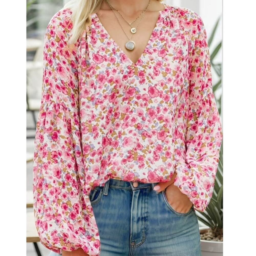 Pink Floral Boho Blouse - Size M 🌸